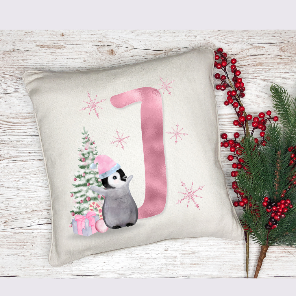 Personalised Inital Christmas Penguin Cushion