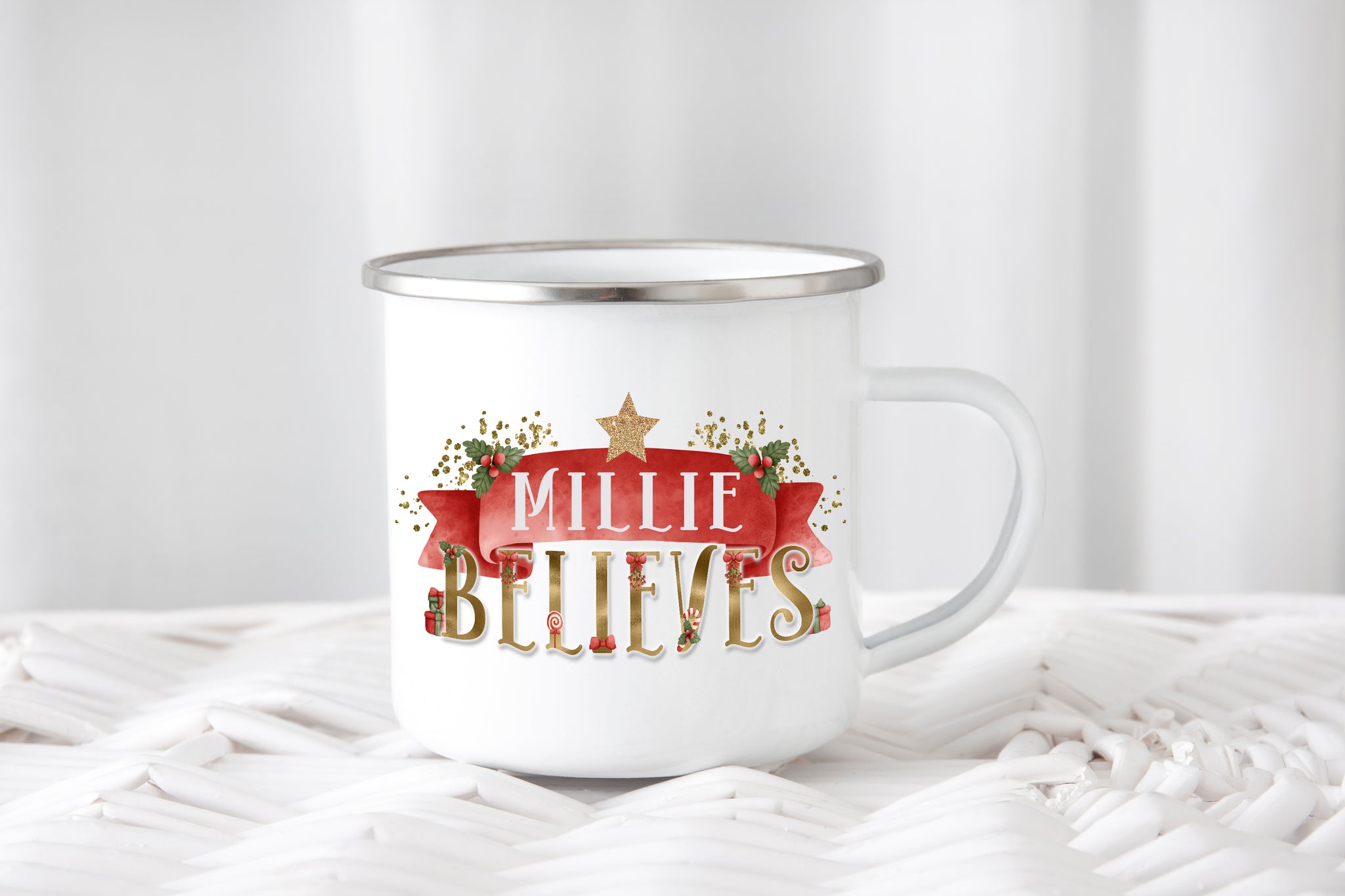 Personalised Believe Enamel Christmas Mug