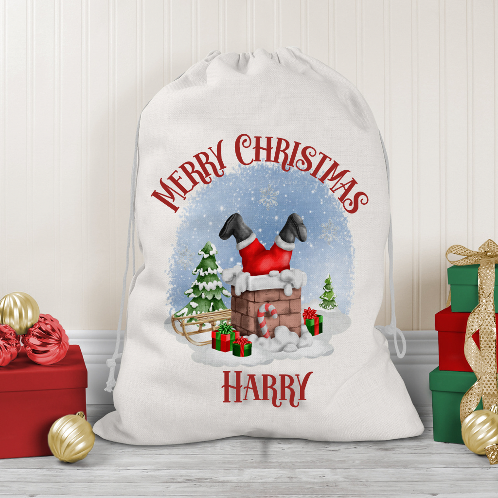 Personalised Santa in Chimney Christmas Sack
