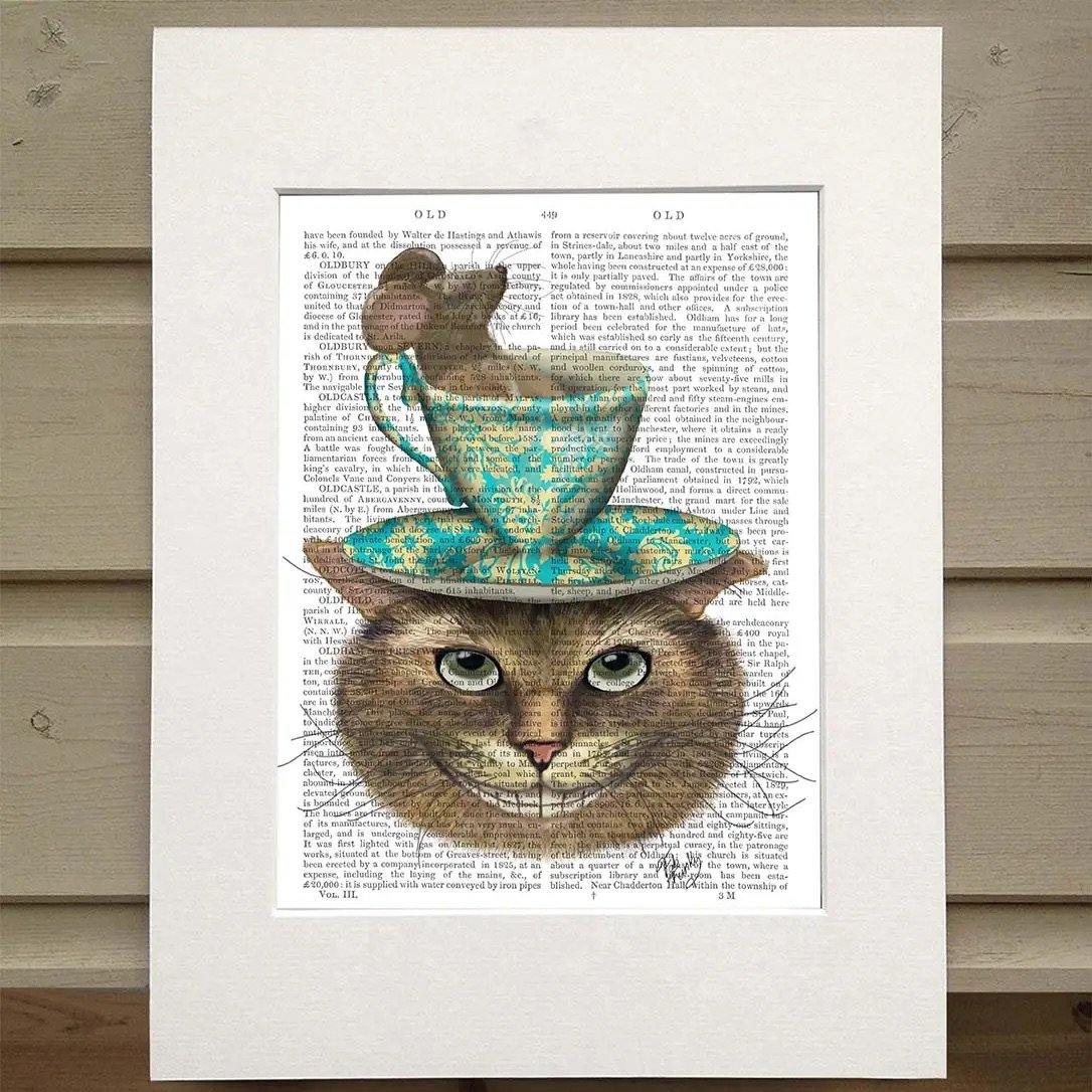 Cheshire Cat with Cup on Head, Book print - Lush and Tidy 