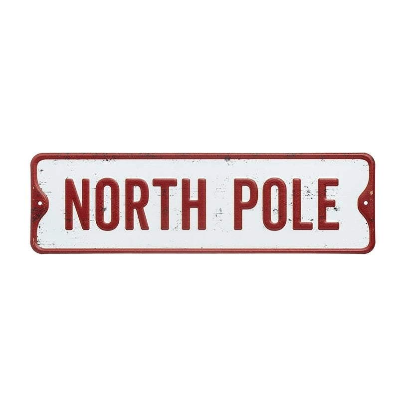 North Pole Vintage Style Metal Street Sign in Red and White