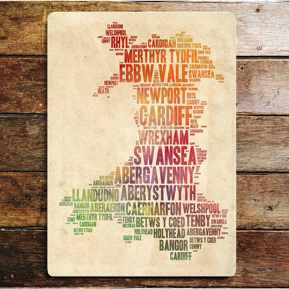 Map Of Wales Welsh Towns - Metal Wall Sign Plaque