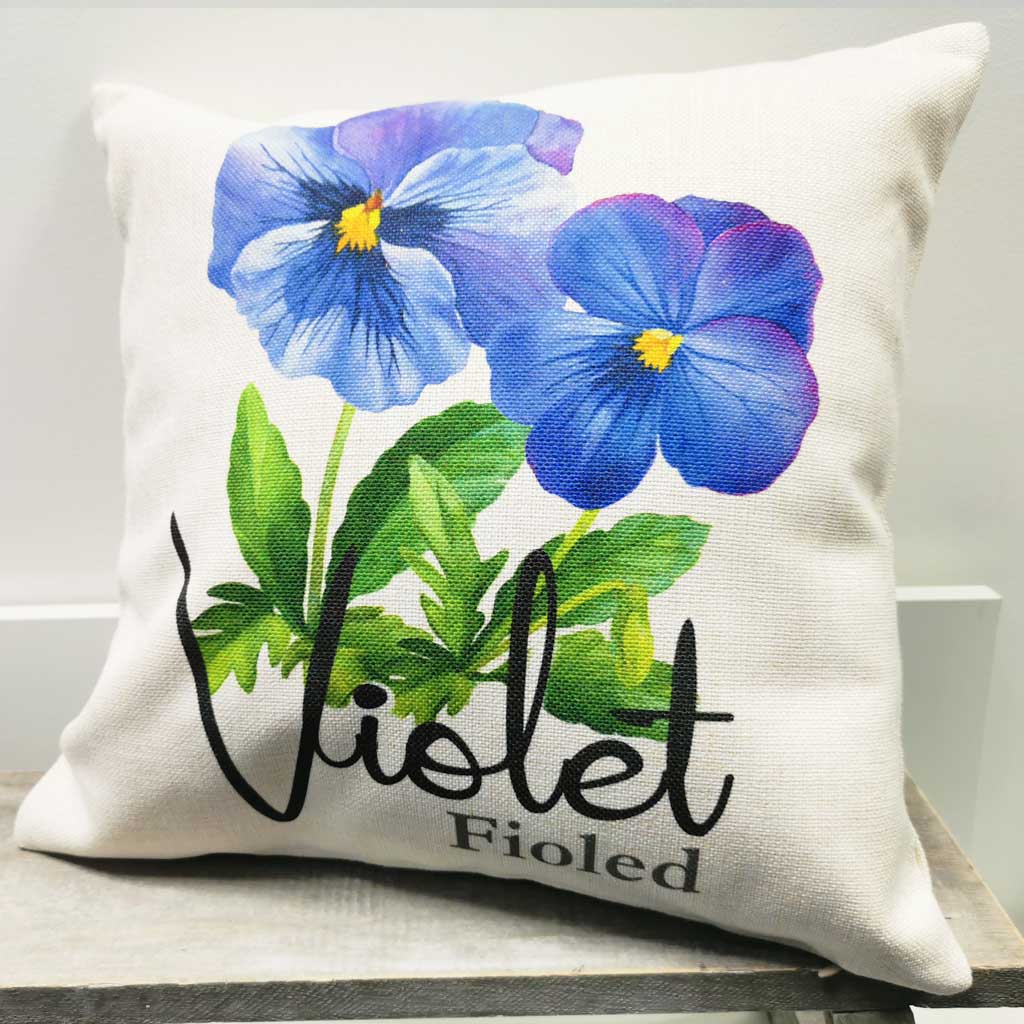 Violet (Fioled) Blodau Linen Cushion